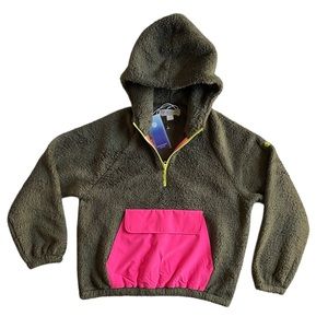 Outerknown Cozy Sherpa Half Zip Hoodie Olive Green/Neon Pink NWT